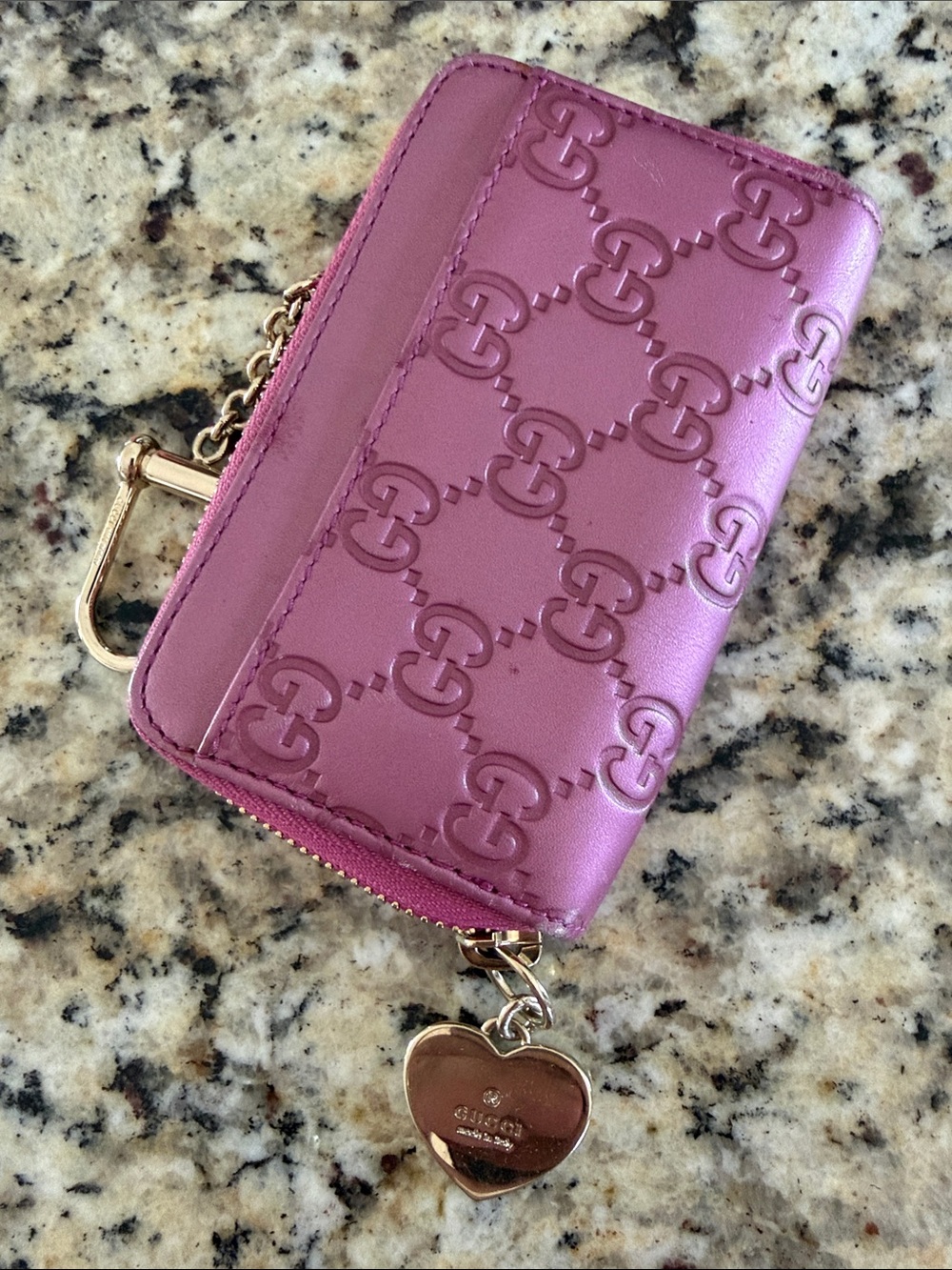 Gucci Pink Embossed GG Card Pouch with Heart Charm Guccissima
